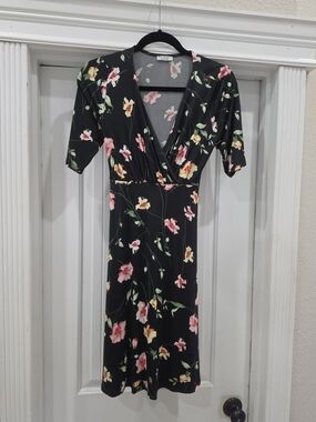 LA CLEF Black Floral Print Faux Wrap Midi Dress Half Sleeve Tie Waist Size L